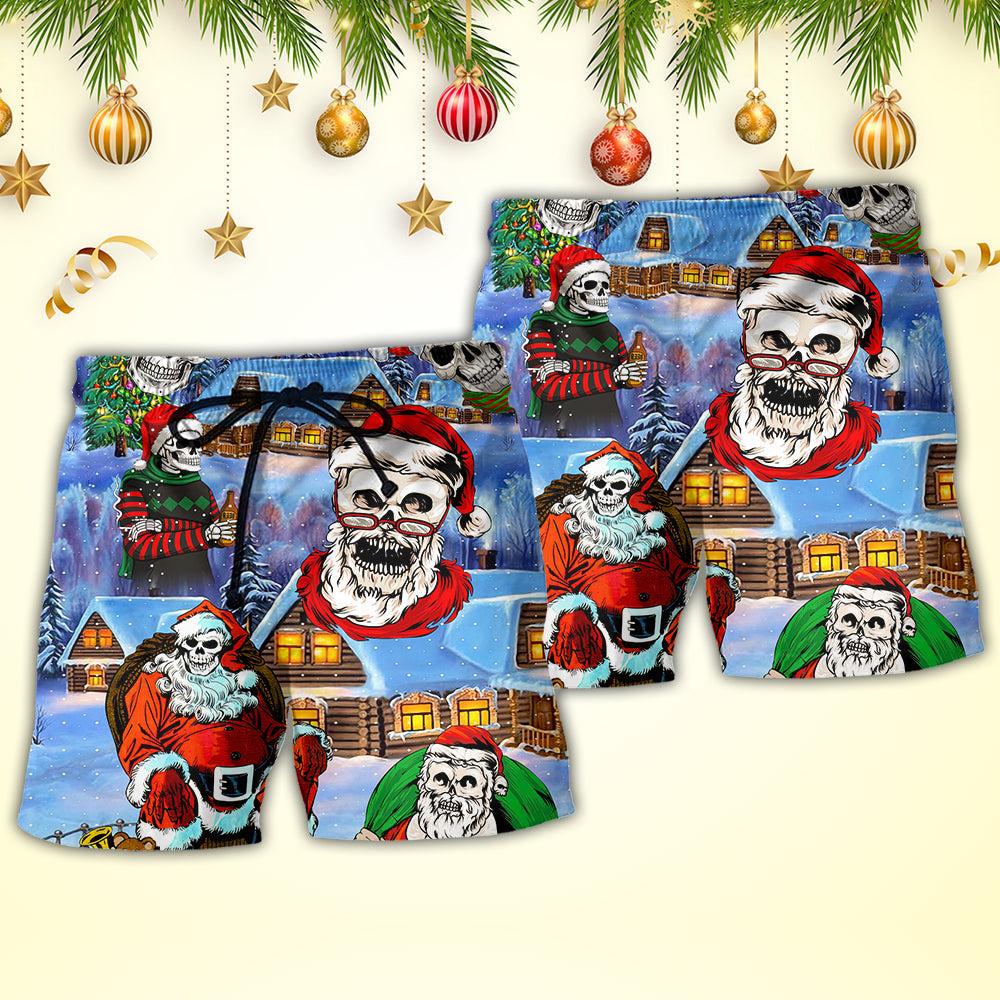 Christmas Skull Santa Beach Shorts Pattern Detail For Relaxed Weekends And Relaxed Casual Wear