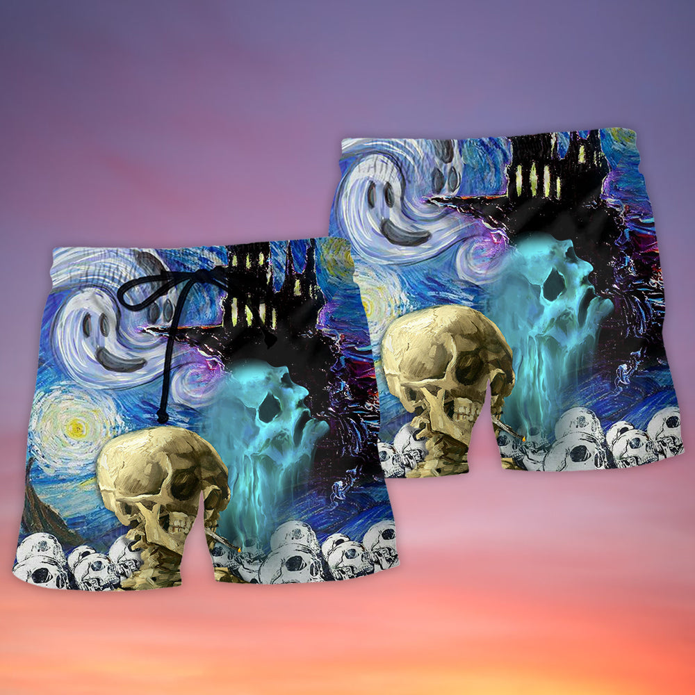 Halloween Skull Smoke Starry Night Beach Shorts For Warm Weather Travel And Everyday Comfort