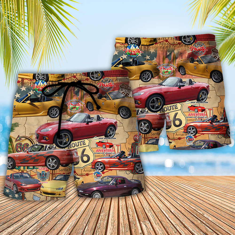 Vintage Car Road Trip Beach Shorts Pattern Detail For Relaxed Weekends And Everyday Comfort