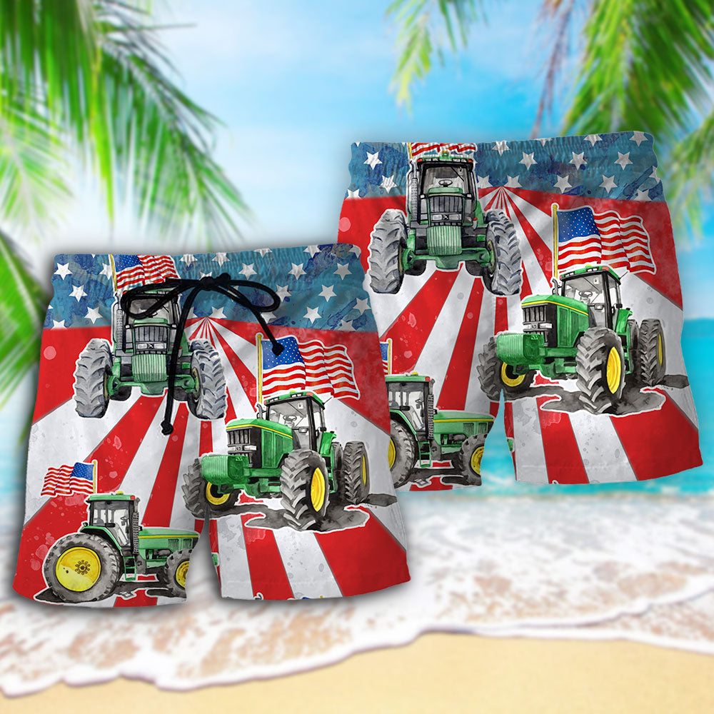 Tractor Watercolor USA Flag Independence Day Beach Shorts Design Detail For Weekend Getaways And Beach Days