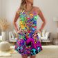 Hippie Skull Octopus Colorful Tie Dye V-Neck Sleeveless Cami Dress For Vacations And Casual Warm Weather Wear