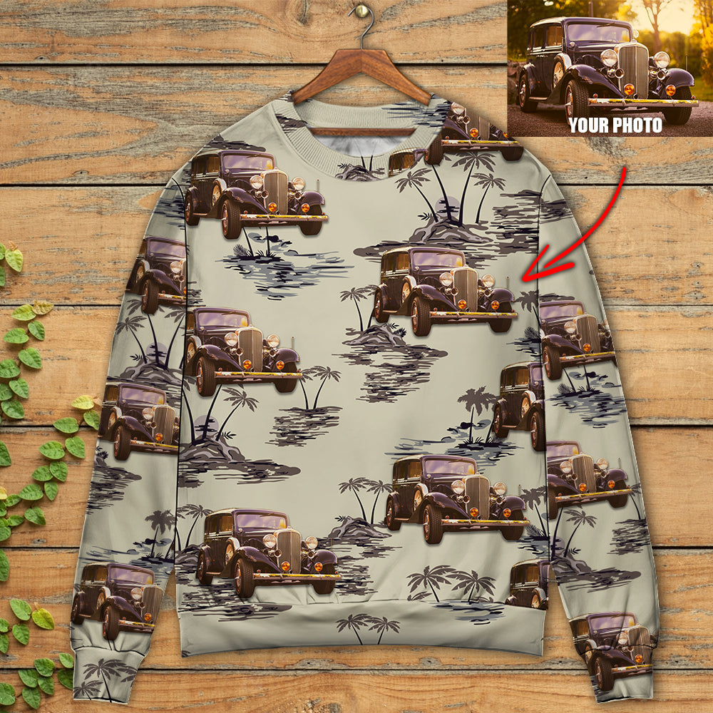 Vintage Car Tropical Island Palm Trees Sweater For Garage Gatherings Road Adventures And Creative Gifts