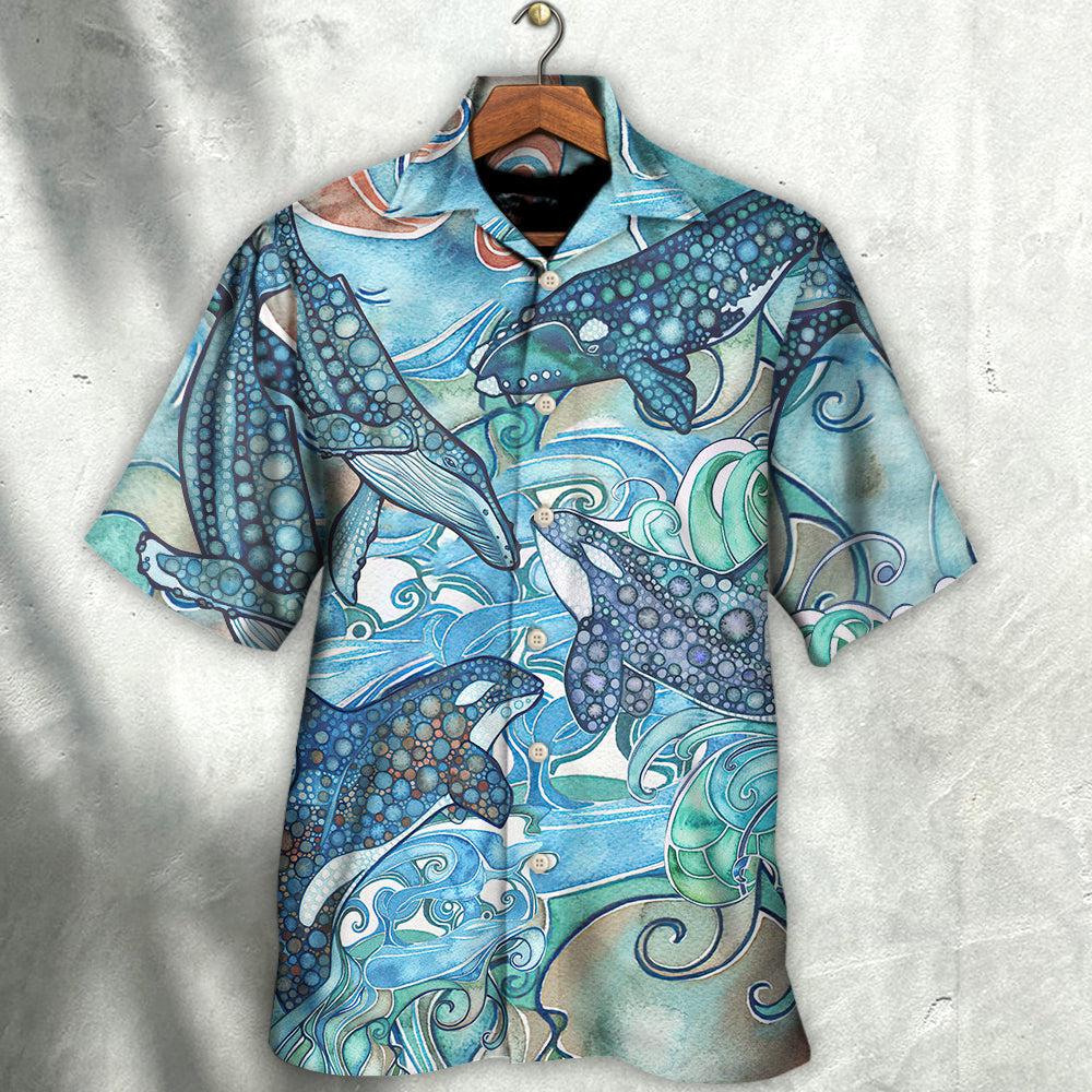 Shark Jumping Ocean Stained Glass Hawaiian Shirt For Vacation Days And Relaxed Coastal Outings