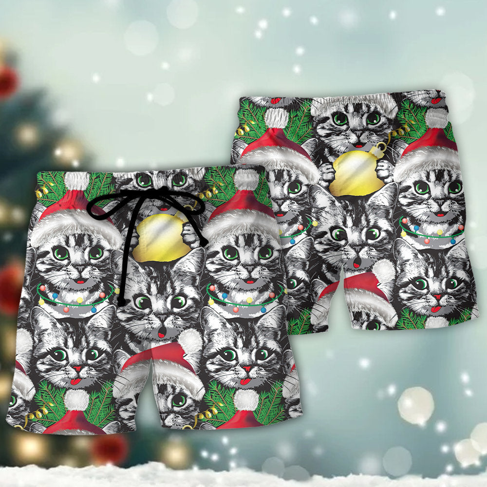 Meowy Christmas Cat Lover Beach Shorts Artwork View For Seaside Trips And Casual Style