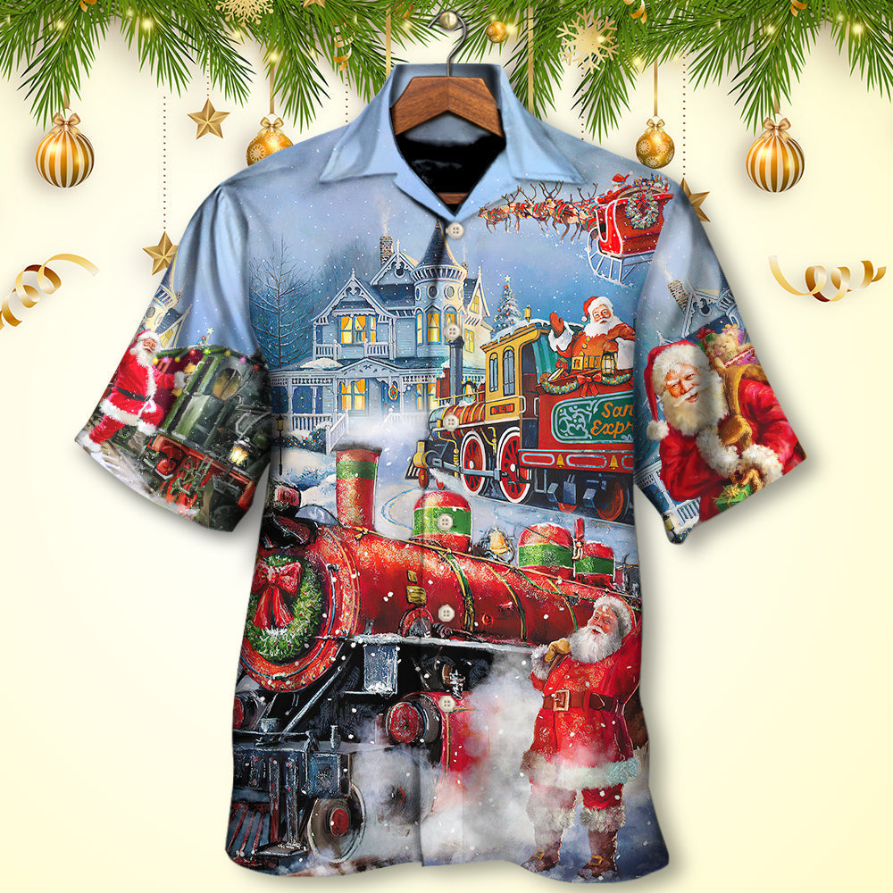 Watercolor Christmas Train Gift Hawaiian Shirt Pattern View For Relaxed Warm Weather Outfits