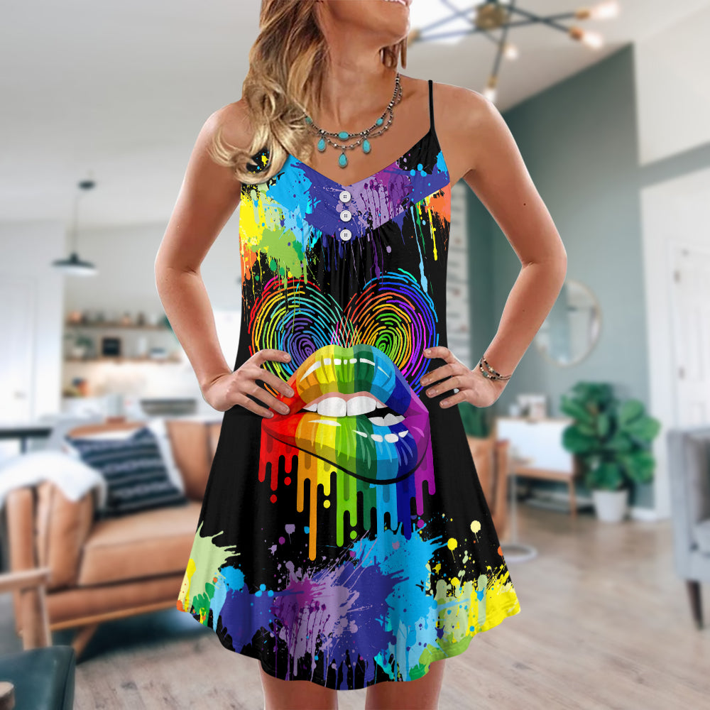 Pride Lips Color Of Happiness V-Neck Sleeveless Cami Dress For Festivals Travel And Relaxed Casual Summer Wear