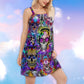 Hippie Skull Color Flowers V-Neck Sleeveless Cami Dress For Boho Festivals And Relaxed Summer Style