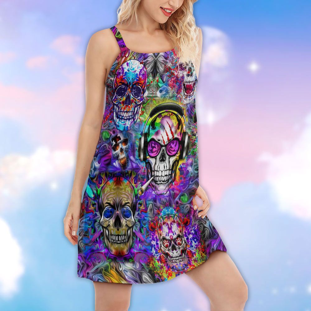 Hippie Skull Color Flowers V-Neck Sleeveless Cami Dress For Boho Festivals And Relaxed Summer Style