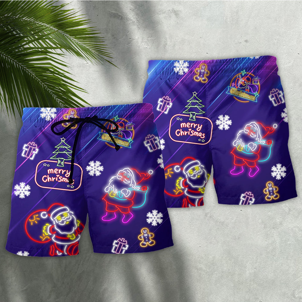 Christmas Santa Neon Party Lights Beach Shorts Pattern View For Resort Days And Outdoor Activities