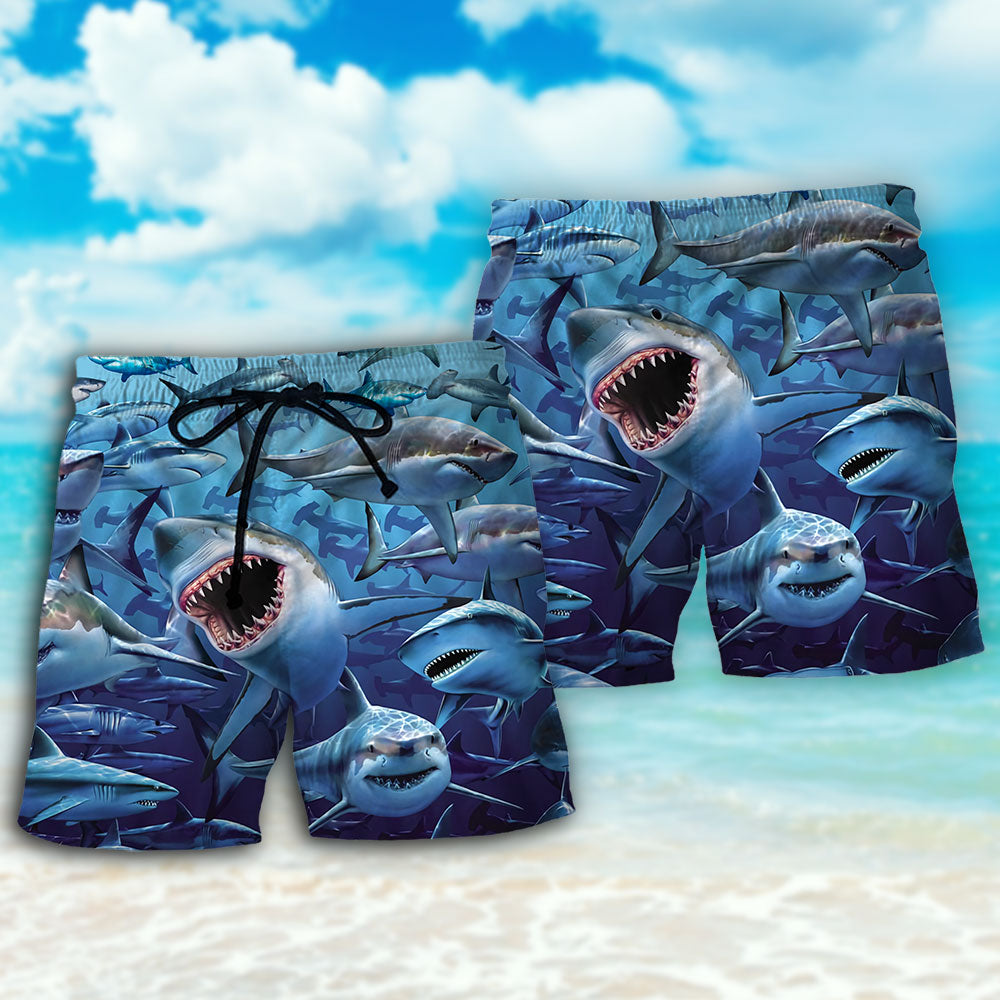 Shark Family Hunt Beach Shorts Pattern Detail For Casual Outings And Travel Ready Comfort