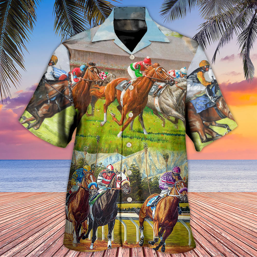 Horse Racing Hawaiian Shirt Button Front Artwork For Warm Weather Events