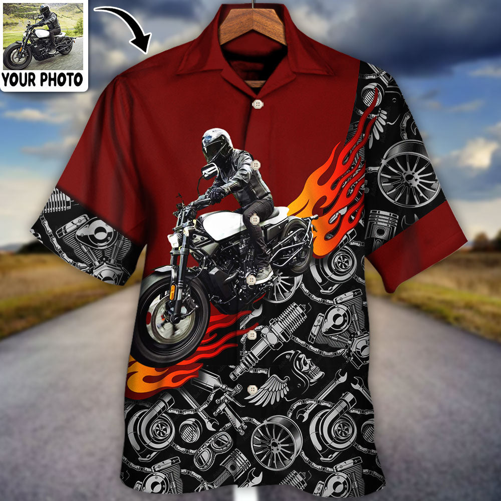 Motorcycle Biker Flame Personalized Photo Hawaiian Shirt Front Pattern View For Vacation Style