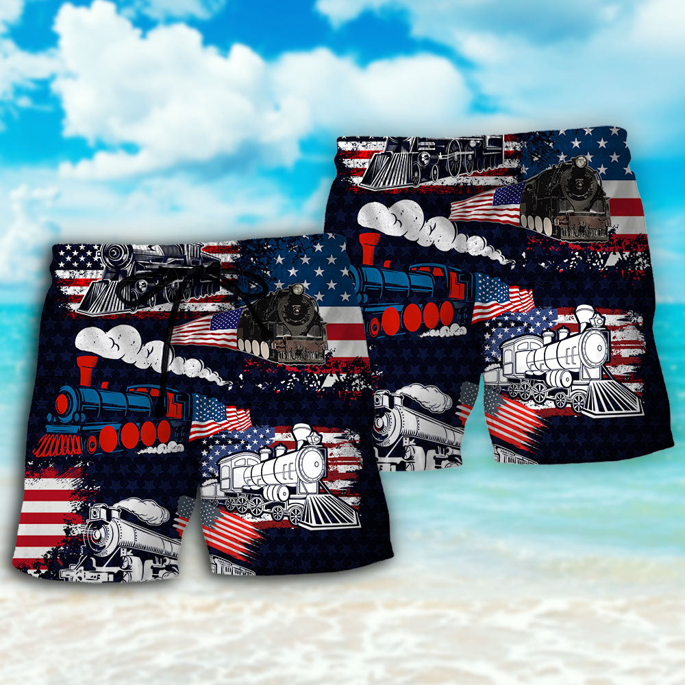 Train USA Independence Day Tribute Beach Shorts For Resort Travel And Thoughtful Summer Gifting