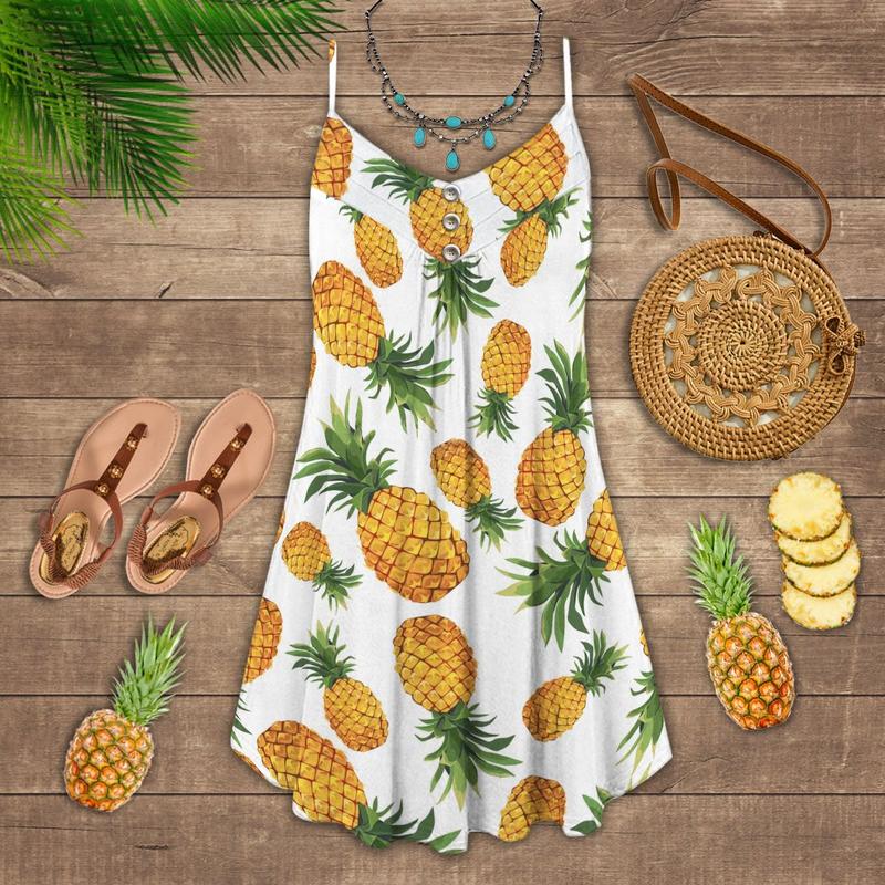 Artistic Fruit Pineapple Tropical V-Neck Sleeveless Cami Dress For Ocean Lovers And Sunny Getaways