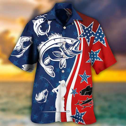 Patriotic American Fishing Star Hawaiian Shirt For Coastal Travel, Casual Events, And Comfortable Summer Wear
