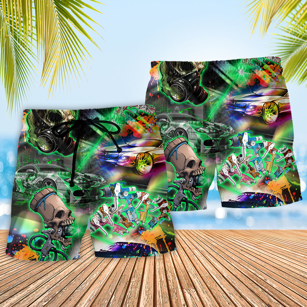 Auto Body Painter Skull Beach Shorts Pattern Detail For Casual Outings And Bright Summer Outfits