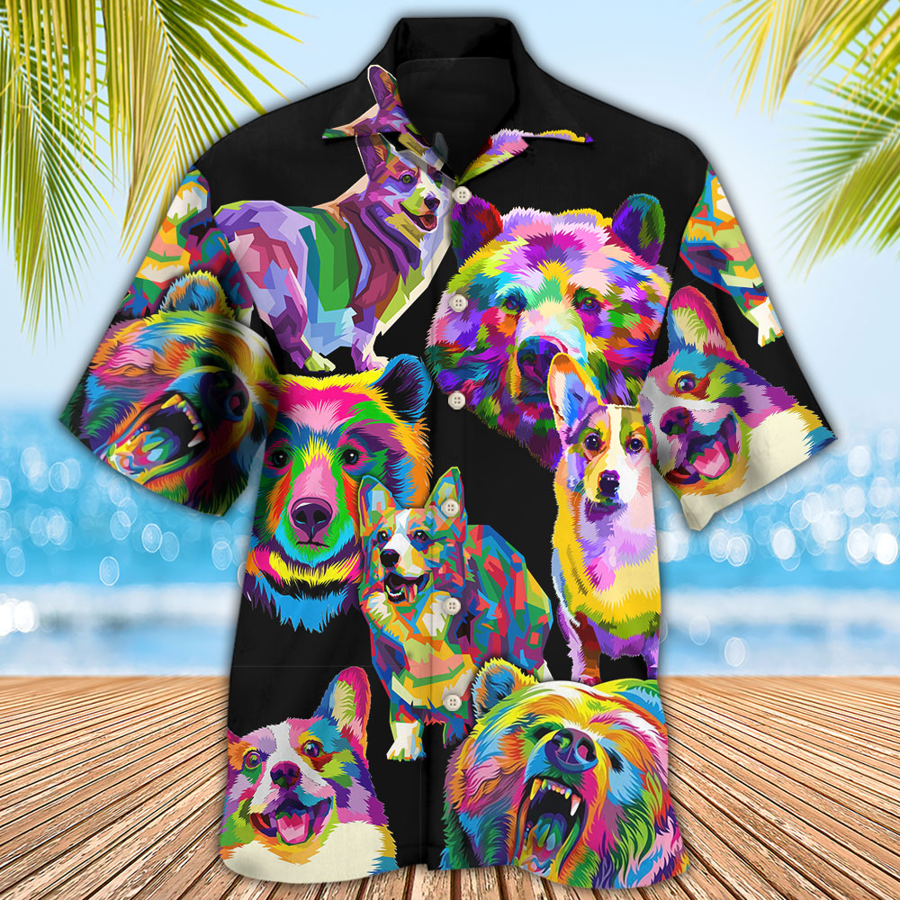 Corgi Dog Dogs Bears Hawaiian Shirt Artwork Detail For Resort Trips And Outdoor Activities