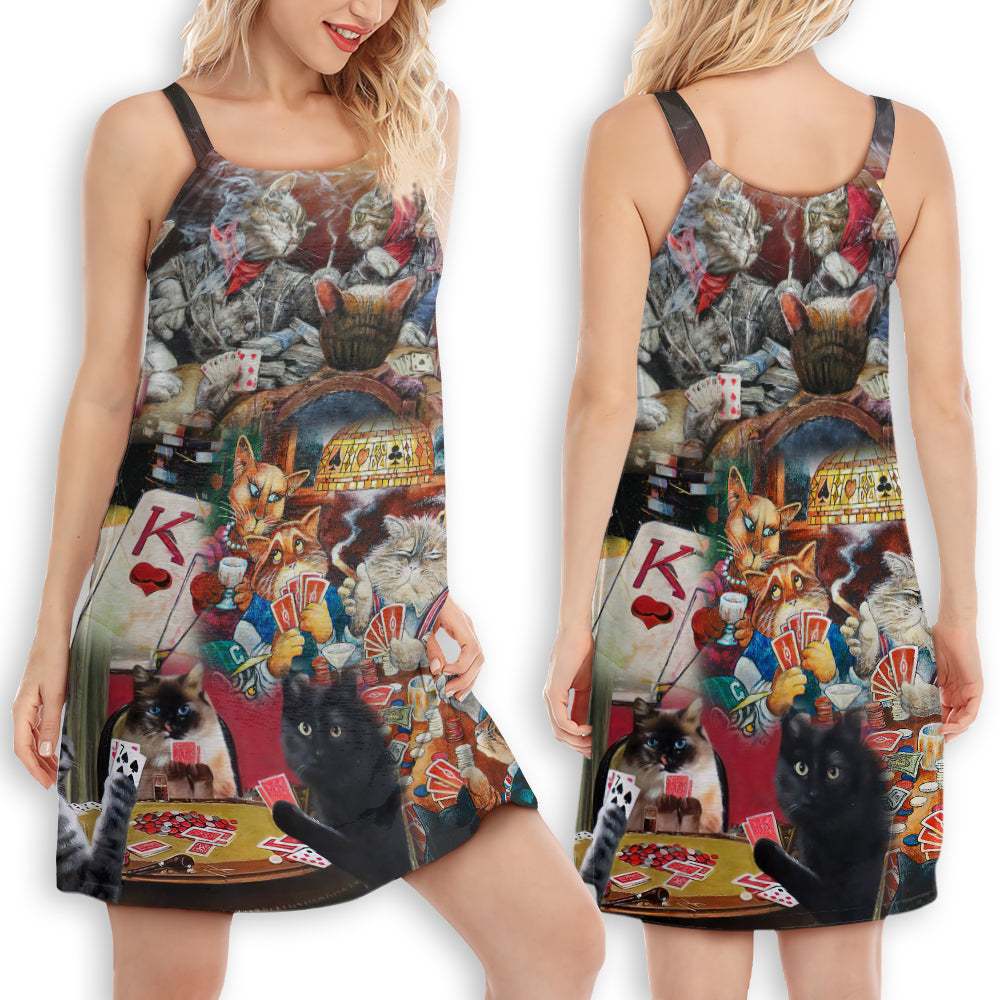 Cat Beautiful Cats Play Poker V-Neck Sleeveless Cami Dress For Outdoor Events And Thoughtful Gifting