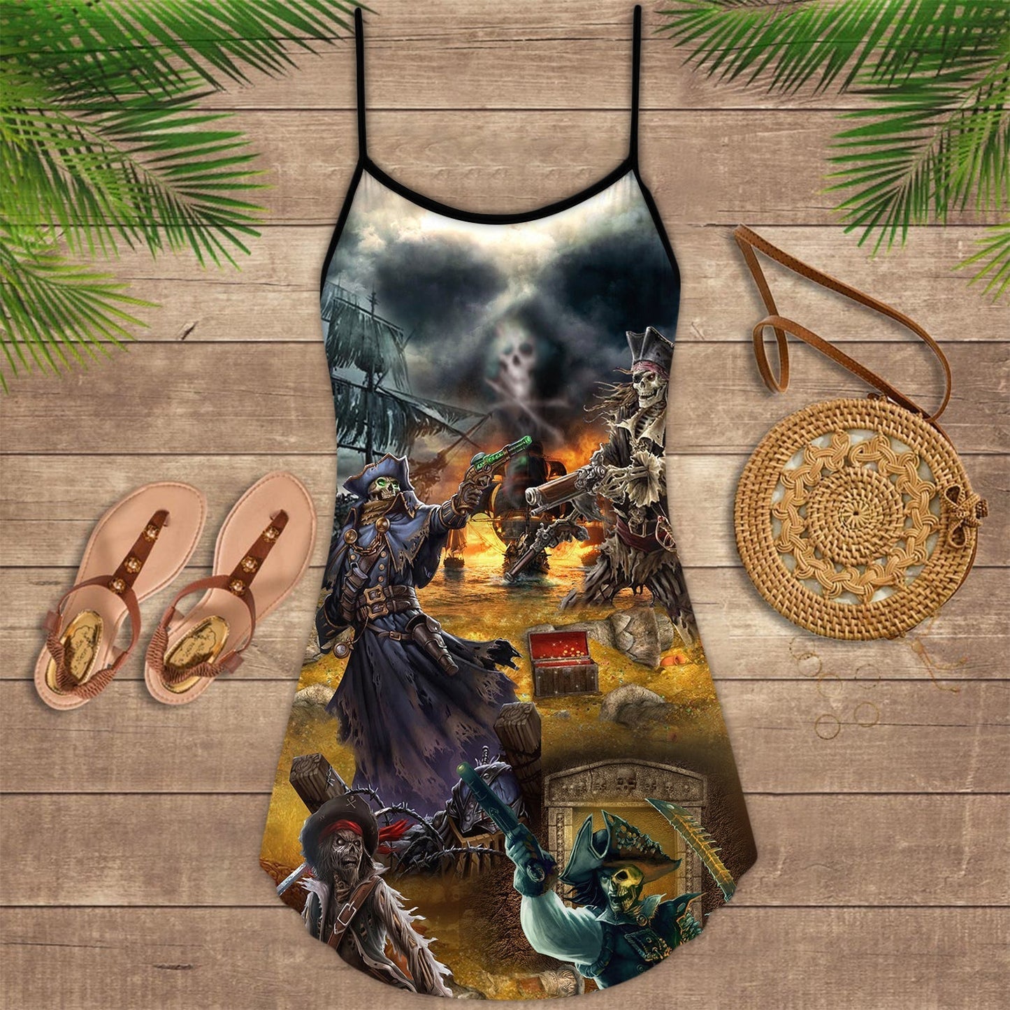 Skull Pirate Hunting Treasure Night V-Neck Sleeveless Cami Dress For Weekend Parties And Distinctive Outfits