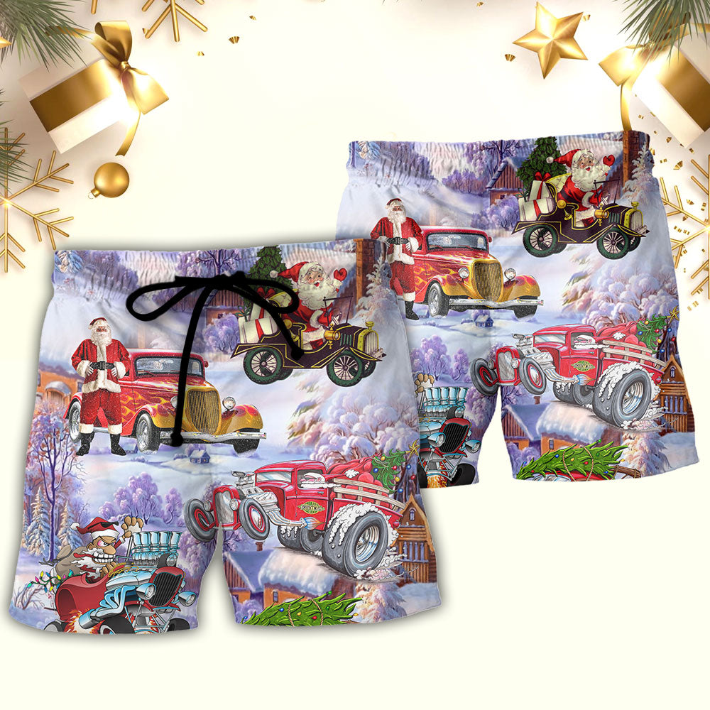 Christmas Santa Classic Hot Rod Tree Beach Shorts Pattern Detail For Coastal Travel And Travel Ready Comfort