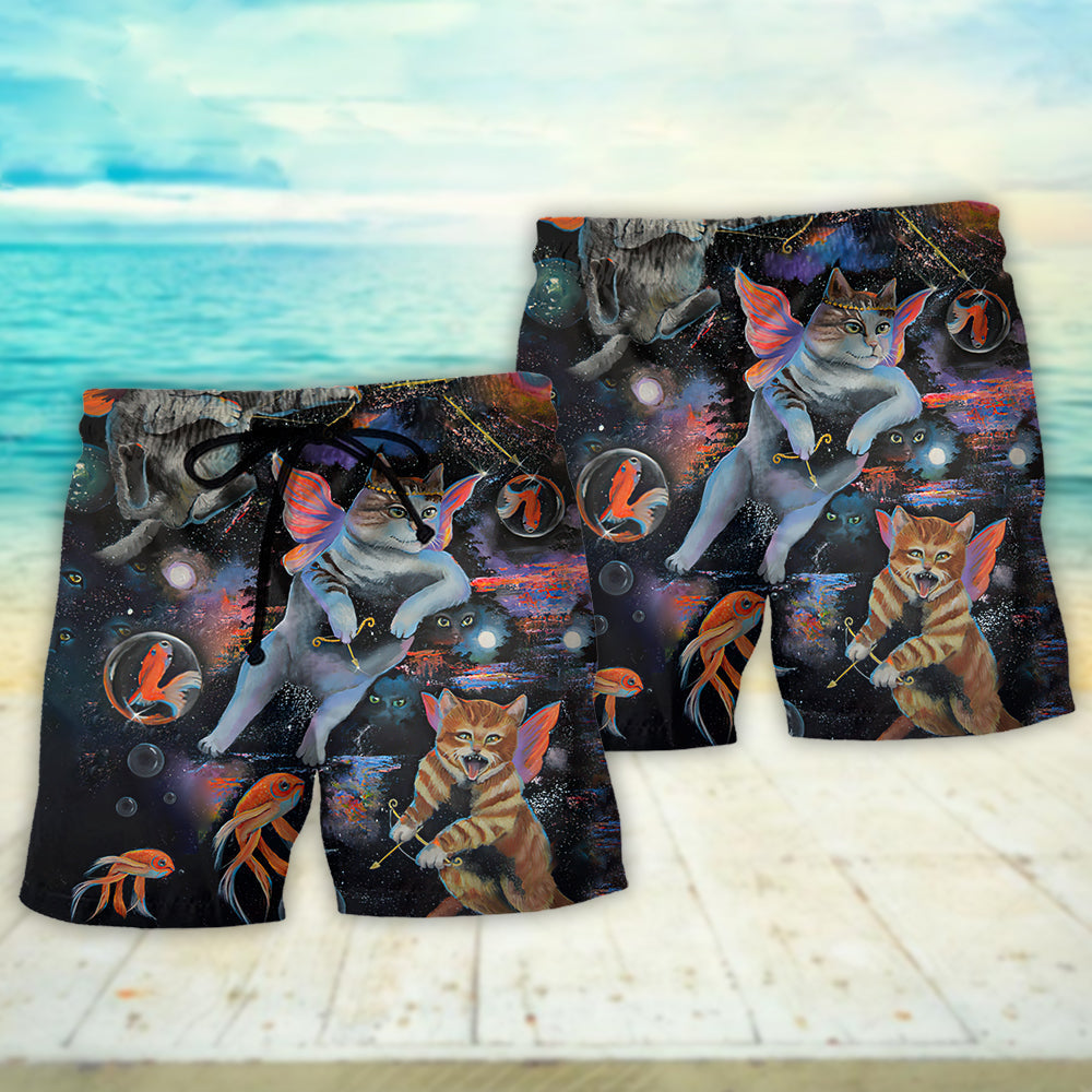 Cat Cupid With Goldfish Fantasy Beach Shorts For Sunny Holidays And Comfortable Daily Styling