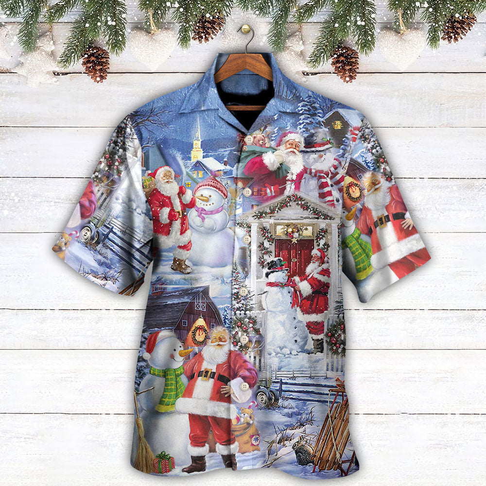 Happy Snowman Christmas Santa Hawaiian Shirt Pattern View For Relaxed Warm Weather Outfits