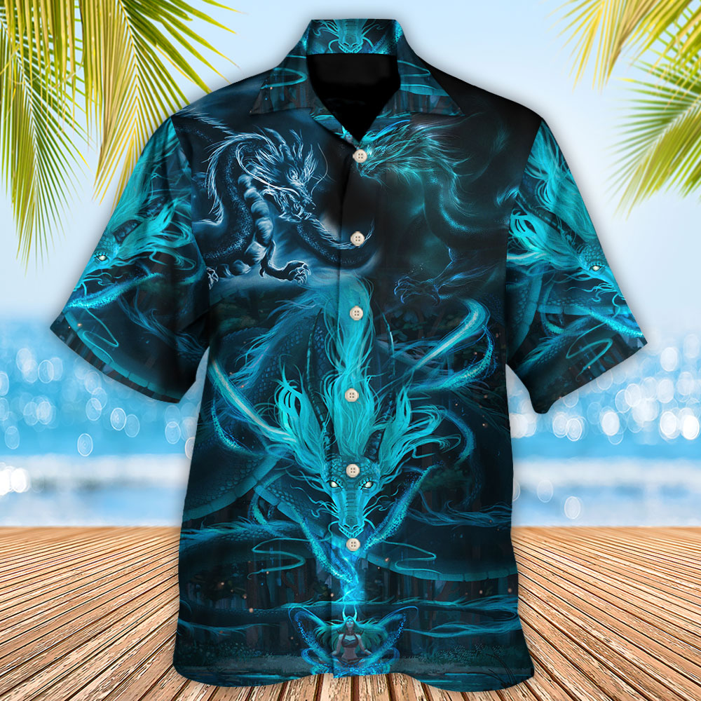 Blue Dragon Lighting Witch Hawaiian Shirt Artwork Detail For Resort Trips And Outdoor Activities