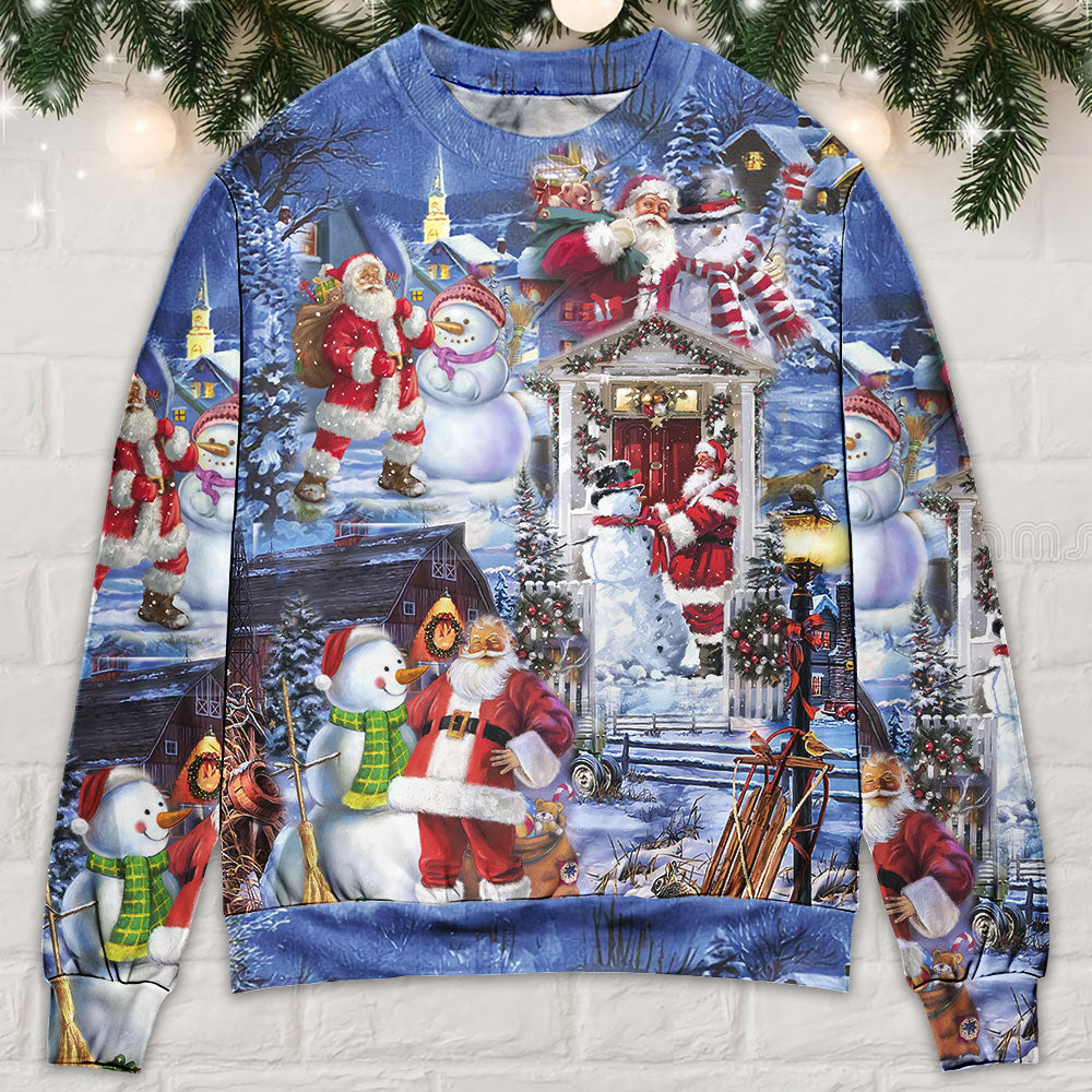 Santa And Snowman Happy Holiday Sweater For Winter Parties Seasonal Adventures And Relaxed Everyday Styling
