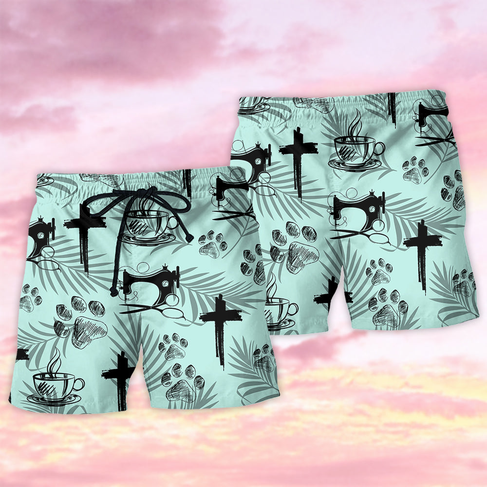 Coffee Jesus Dog Sewing Lover Beach Shorts Artwork Detail For Comfortable Everyday Summer Wear