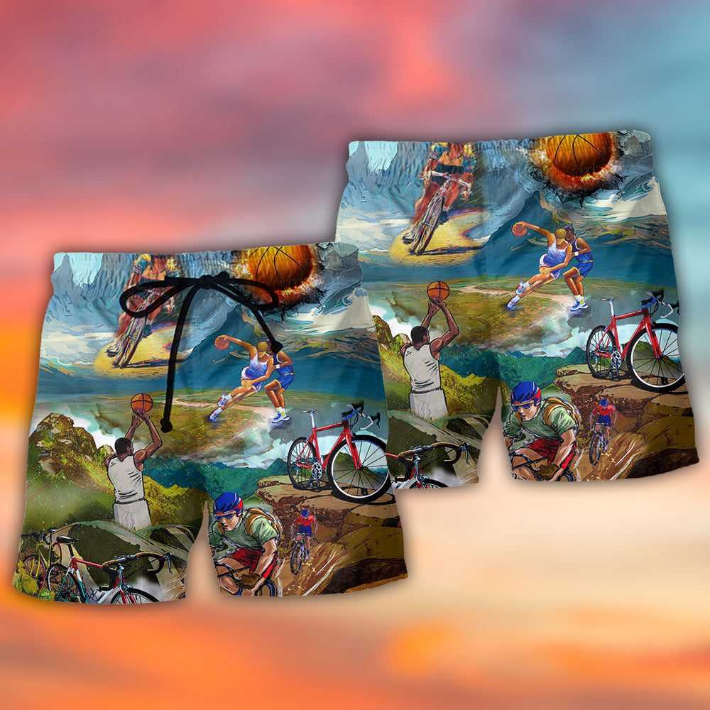 Cycling And Basketball Mountain Painting Lover Beach Shorts Pattern View For Coastal Holidays And Casual Activities