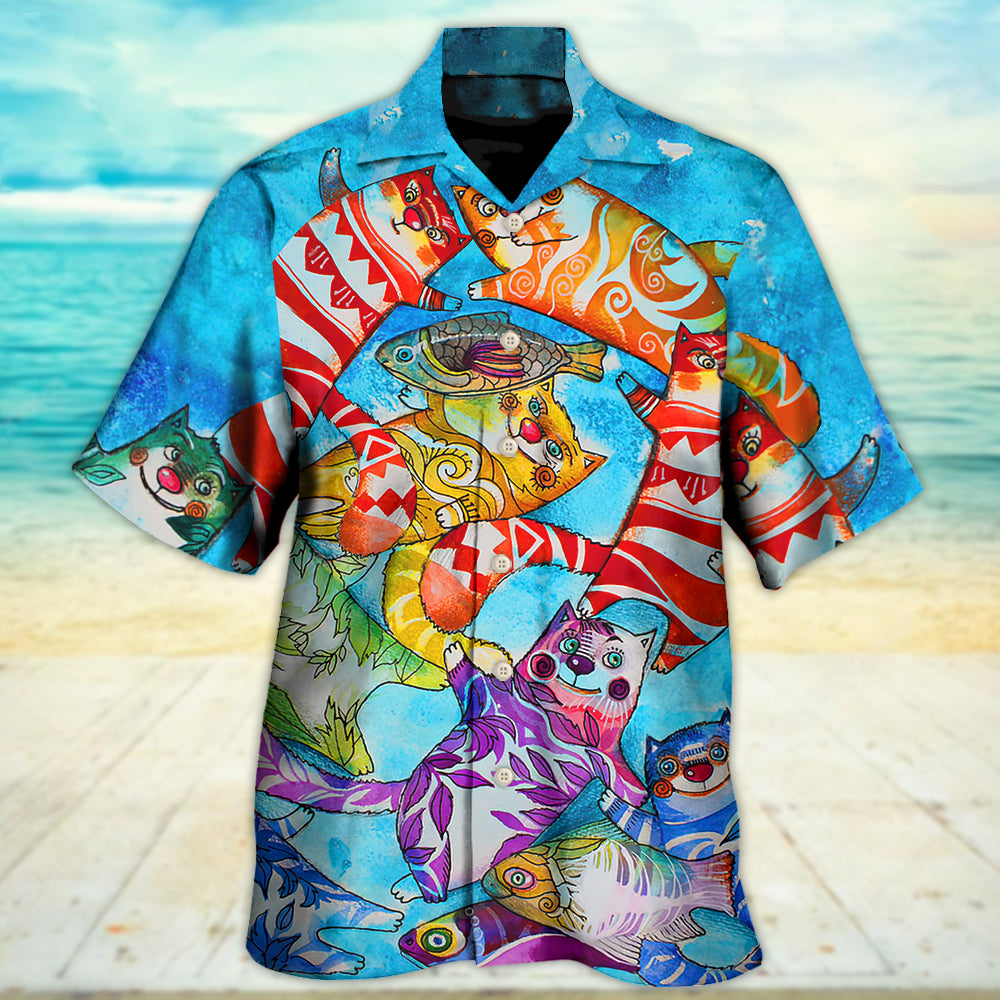 Funny Cat Fish Together Hawaiian Shirt Pattern Detail For Summer Holidays And Outdoor Fun