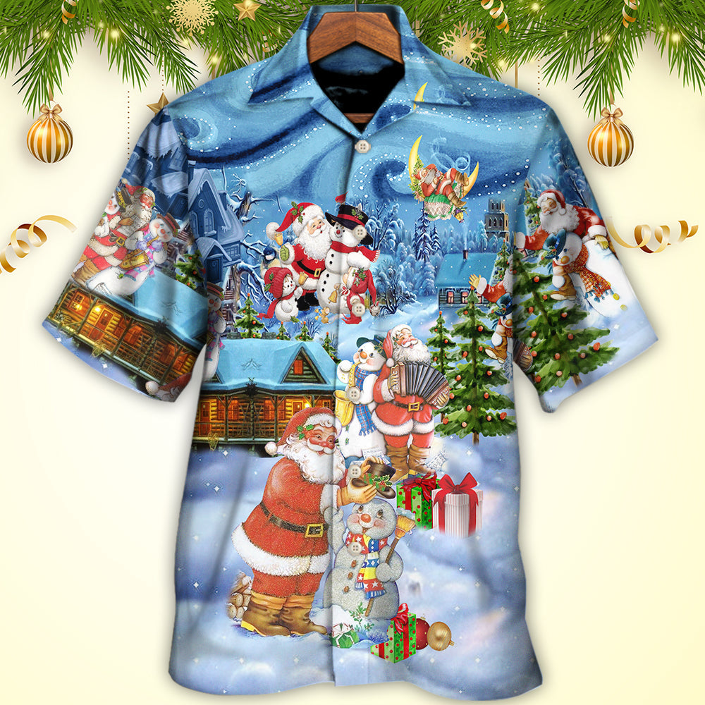Snowman Christmas Santa Friends Hawaiian Shirt Artwork Detail For Resort Trips And Outdoor Activities