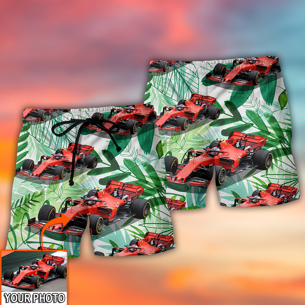Open Wheel Racing Car Tropical Personalized Photo Beach Shorts For Beach Trips And Relaxed Vacation Styling