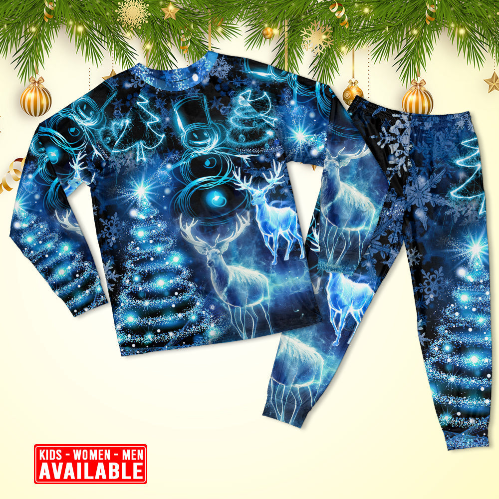 Deer Snowman Christmas Tree Lights Long Sleeve Pajamas Set For Christmas Sleepwear And Family Lounging