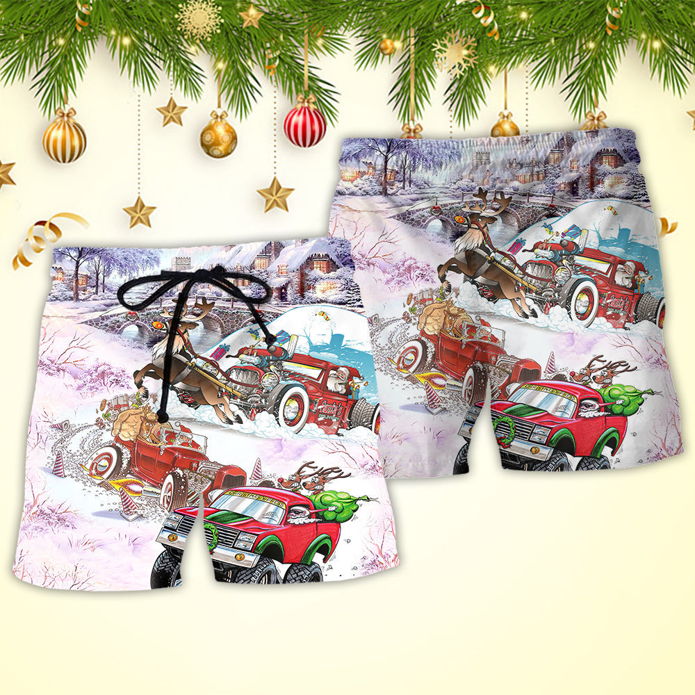 Christmas Car Beach Shorts Pattern Detail For Sunny Day Adventures And Versatile Outdoor Wear