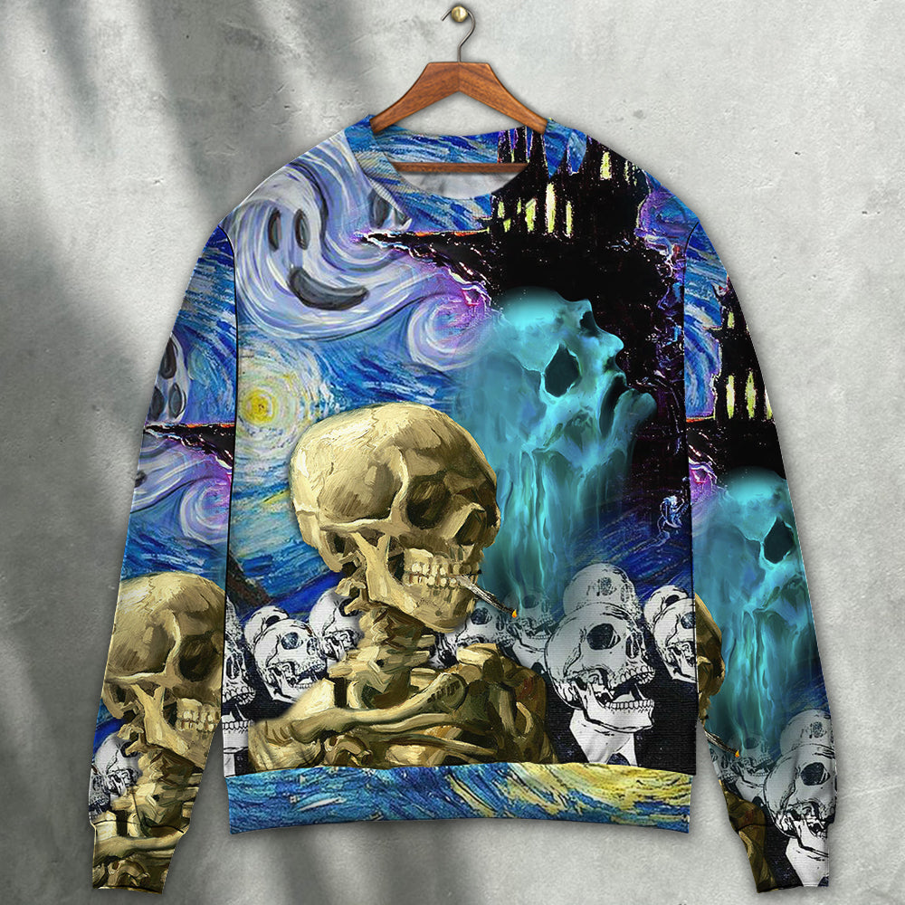 Halloween Skull Smoke Starry Night Sweater For Alternative Outfits Seasonal Events And Everyday Comfort