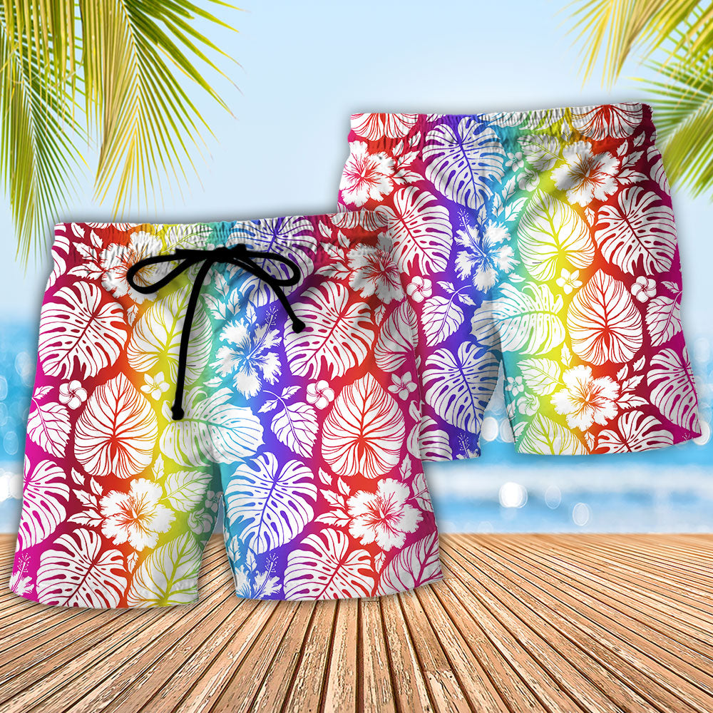Tropical Leaf Rainbow Pride Beach Shorts Pattern Detail For Outdoor Activities And Bright Seasonal Outfits