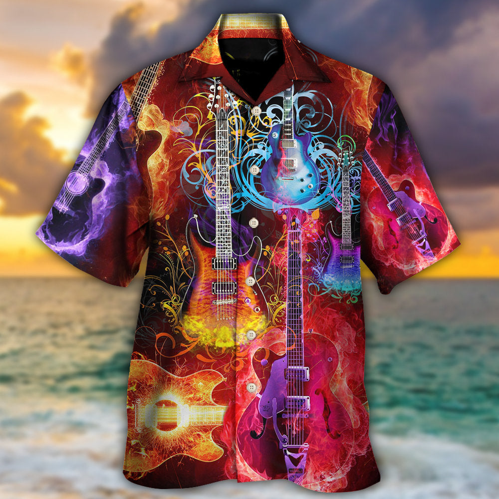Colorful Guitar Acoustic Beautiful Hawaiian Shirt Artwork View For Coastal Escapes And Resort Style