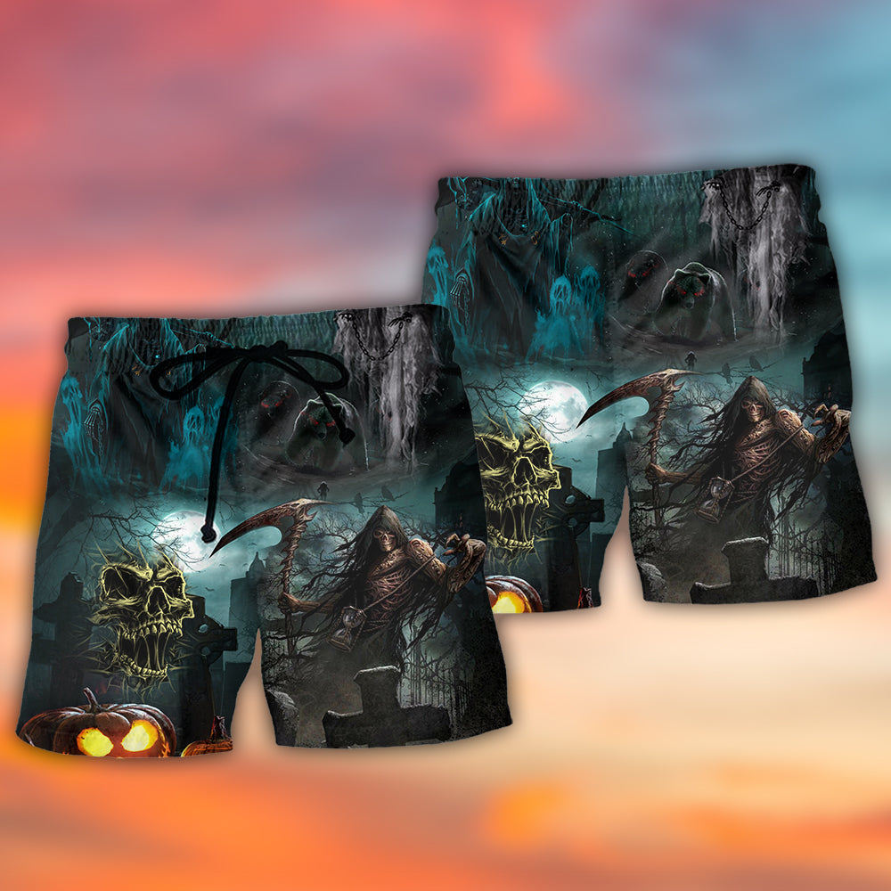 Halloween Ghost Pumpkin Night Beach Shorts Pattern Detail For Vacation Style And Easy Warm Weather Wear