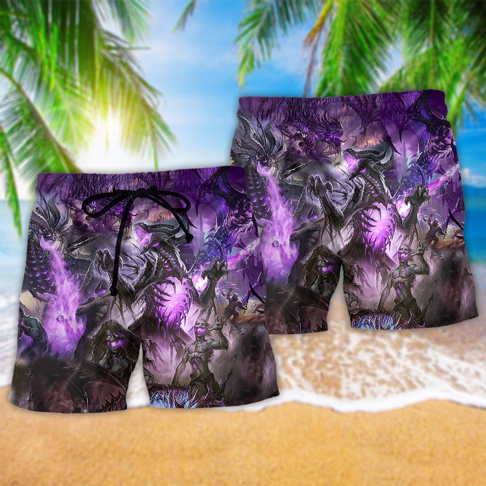 Dragon Skull Purple Beach Shorts Print Detail For Dark Fantasy Summer Style