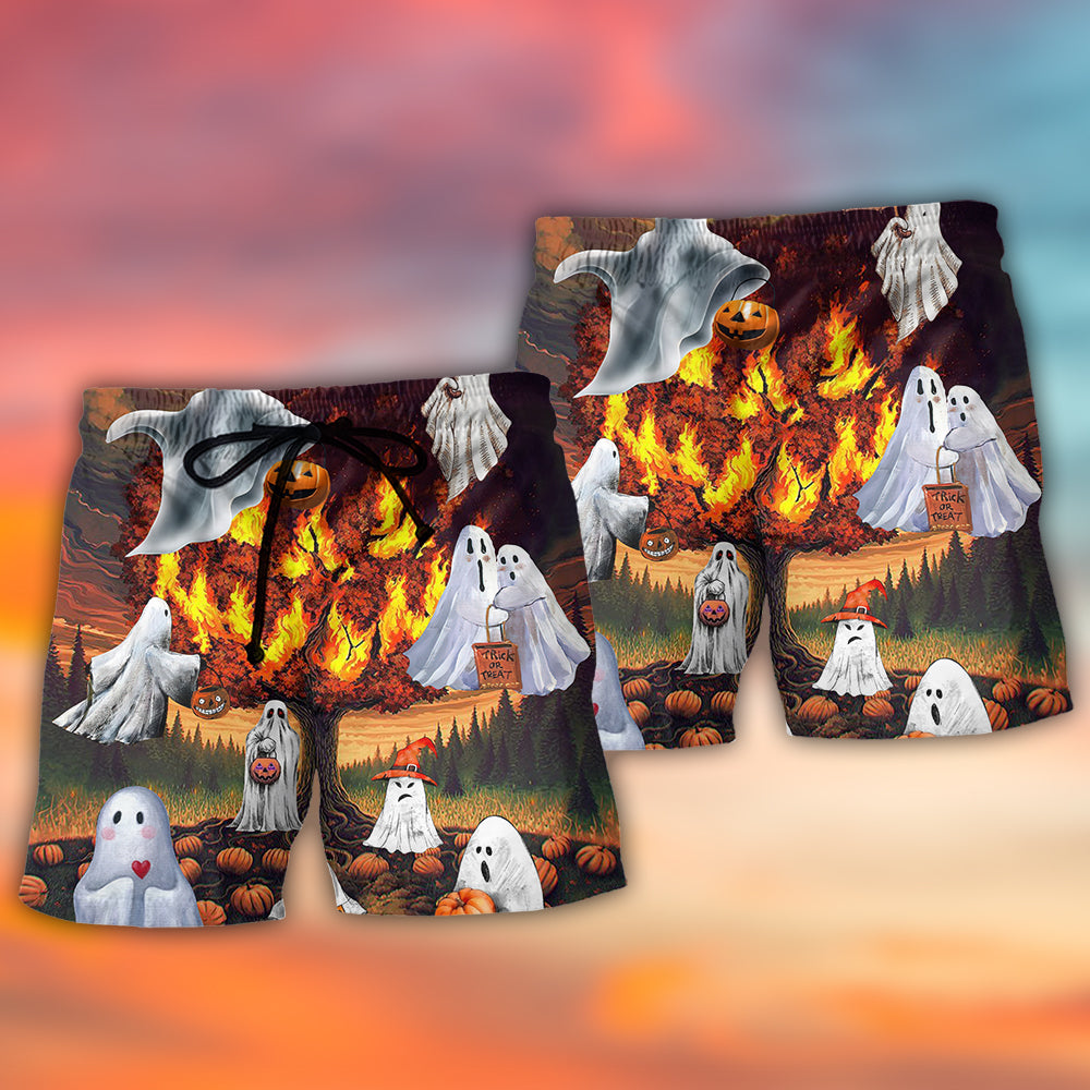 Halloween Burning Pumpkin Boo Beach Shorts Pattern Detail For Outdoor Activities And Vacation Ready Style