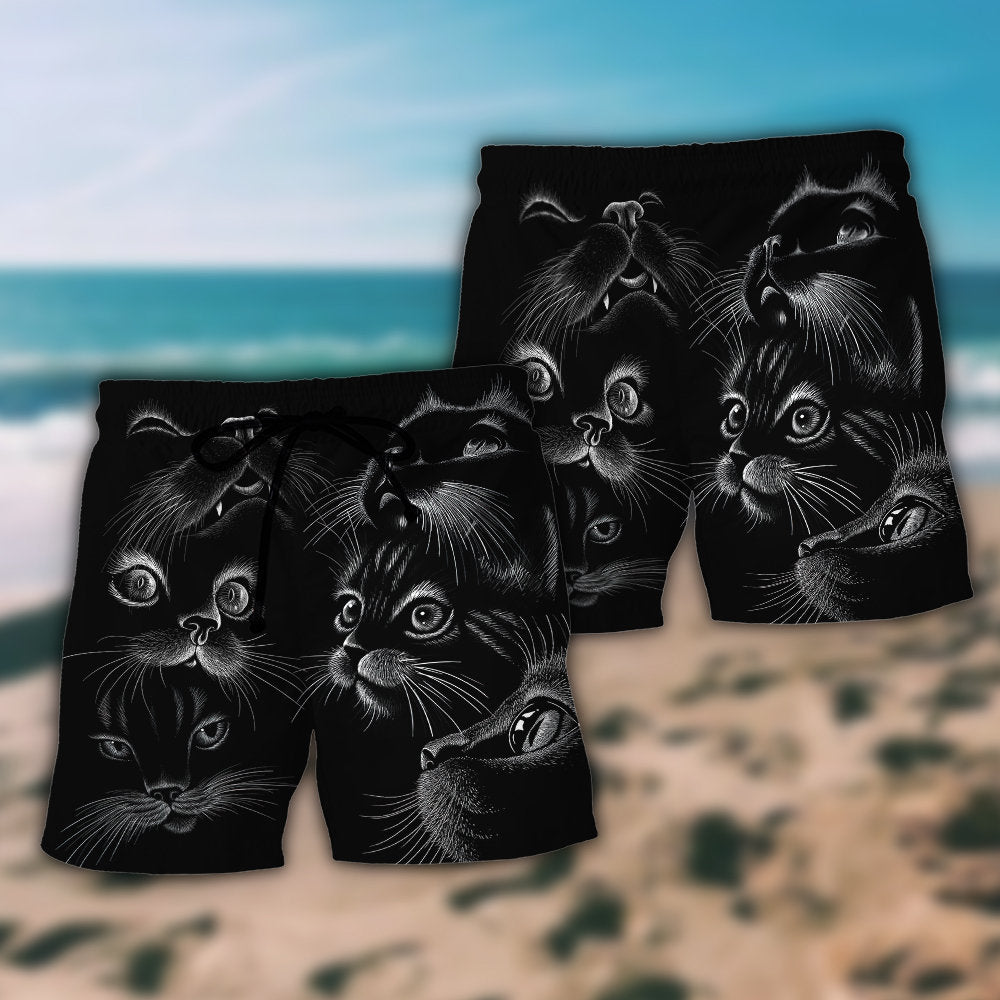 Black Cat Beach Shorts Pattern Detail For Outdoor Activities And Vacation Ready Style