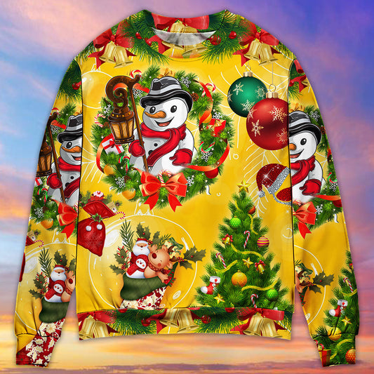 Christmas Funny Snowman Tree Yellow Glow Sweater For Festive Parties Family Photos And Comfortable Seasonal Wear