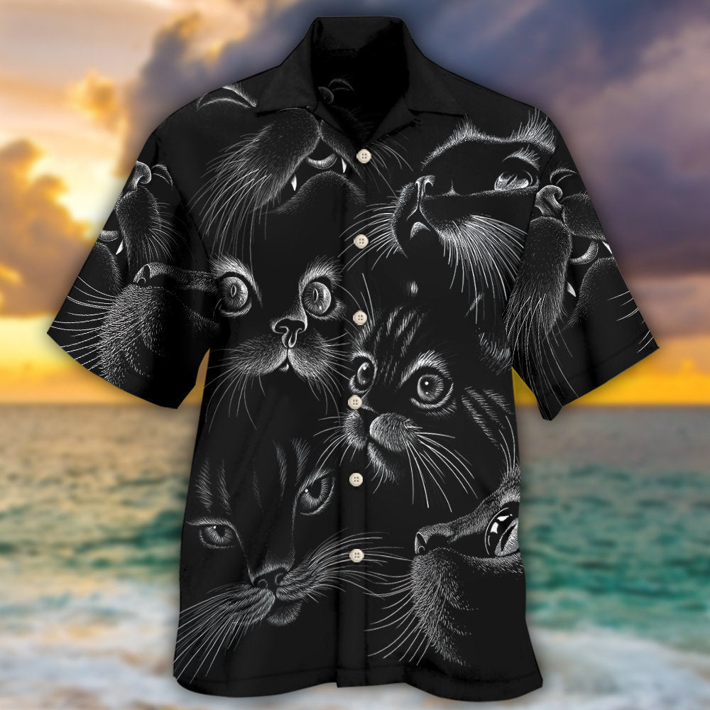 Creative Bold Black Cat Design Hawaiian Shirt Detailed Pattern View For Outdoor Gatherings