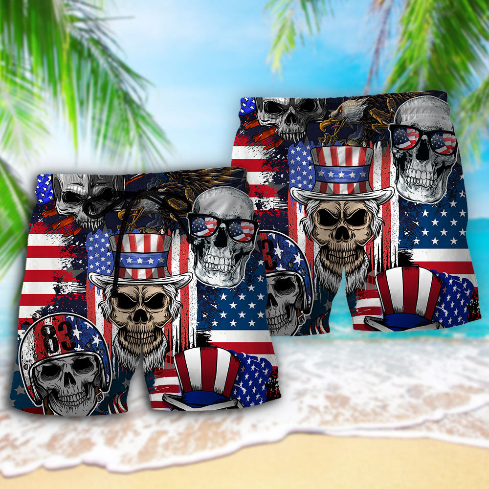 Skull USA Flag Independence Day Beach Shorts Design View For Comfortable Resort And Beach Styling