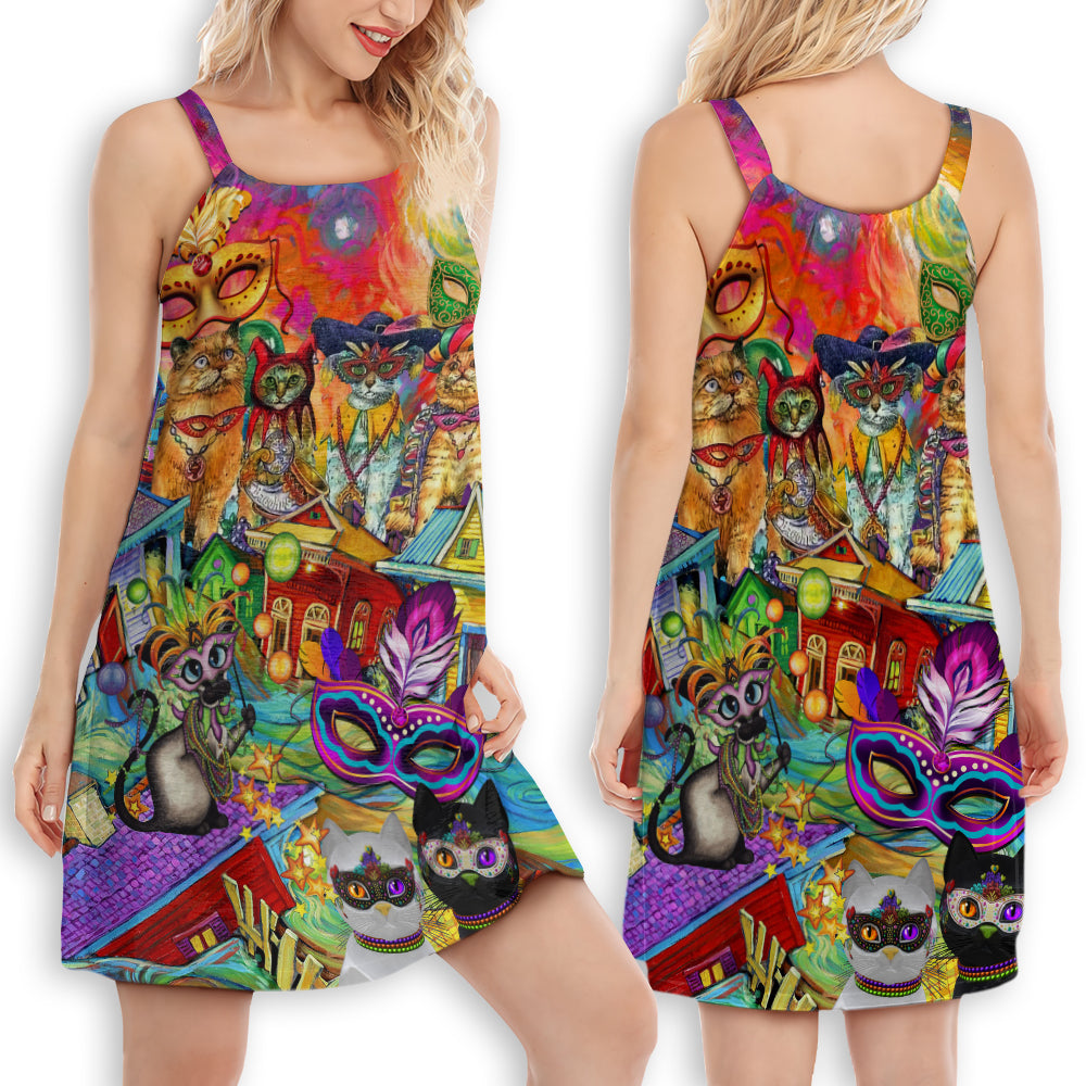 Cat Prom Lets Go Down Street Celebrate Mardi Gras V-Neck Sleeveless Cami Dress For Festivals And Relaxed Daily Fashion