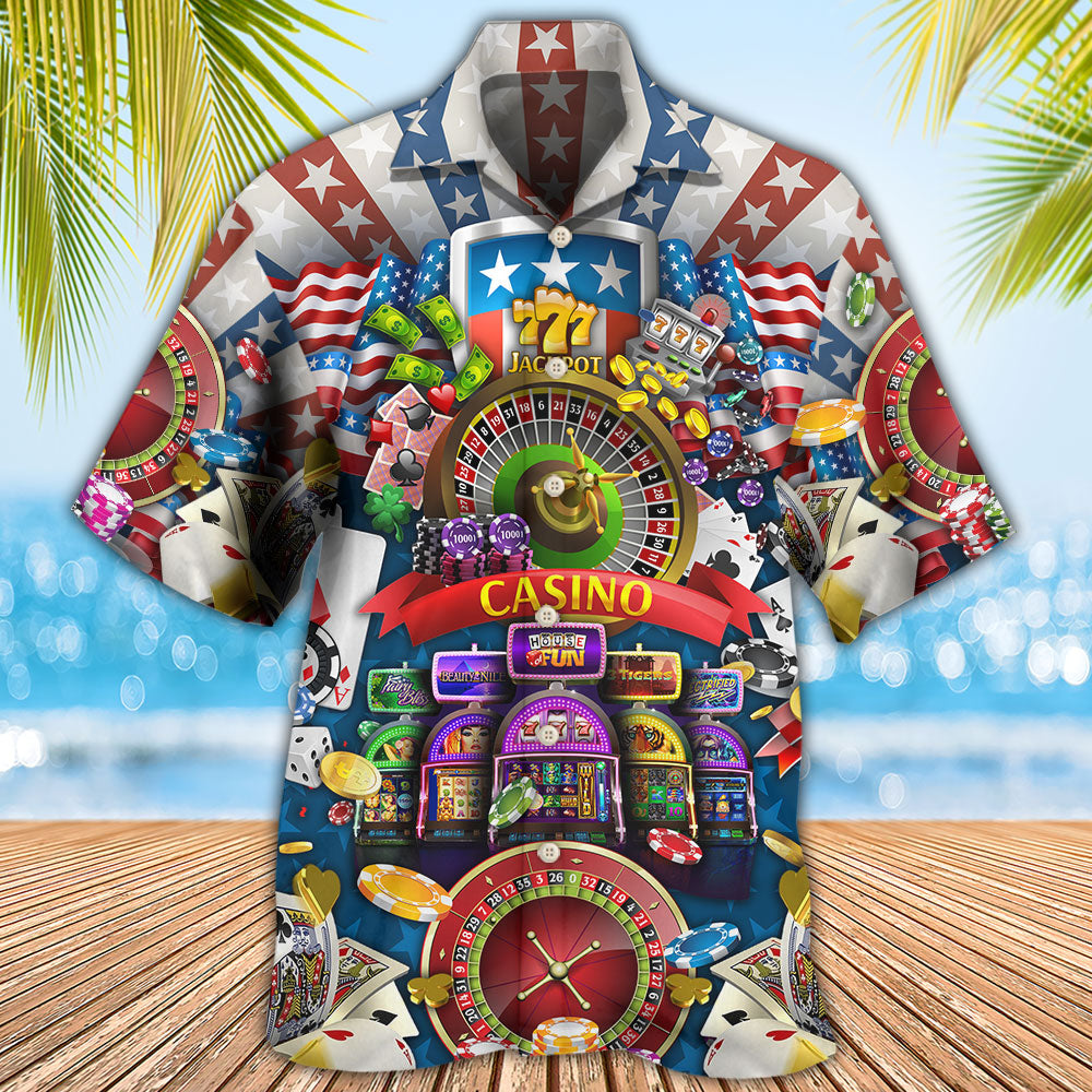 Game Card USA Flag Casino Hawaiian Shirt For Resort Getaways And Comfortable Summer Activities