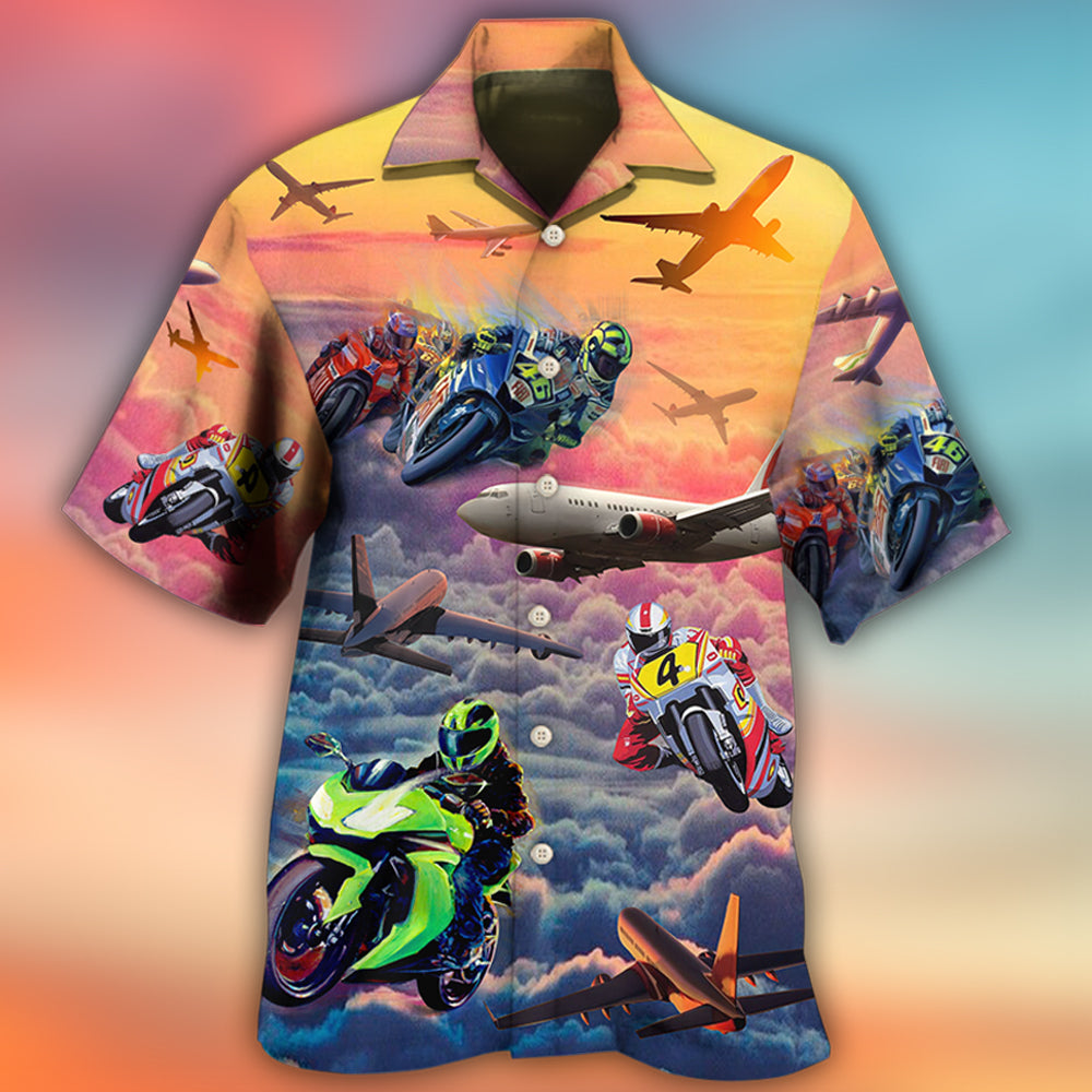 Dreamy Motorcycle Airplane Sky Hawaiian Shirt Pattern Detail For Summer Holidays And Outdoor Fun