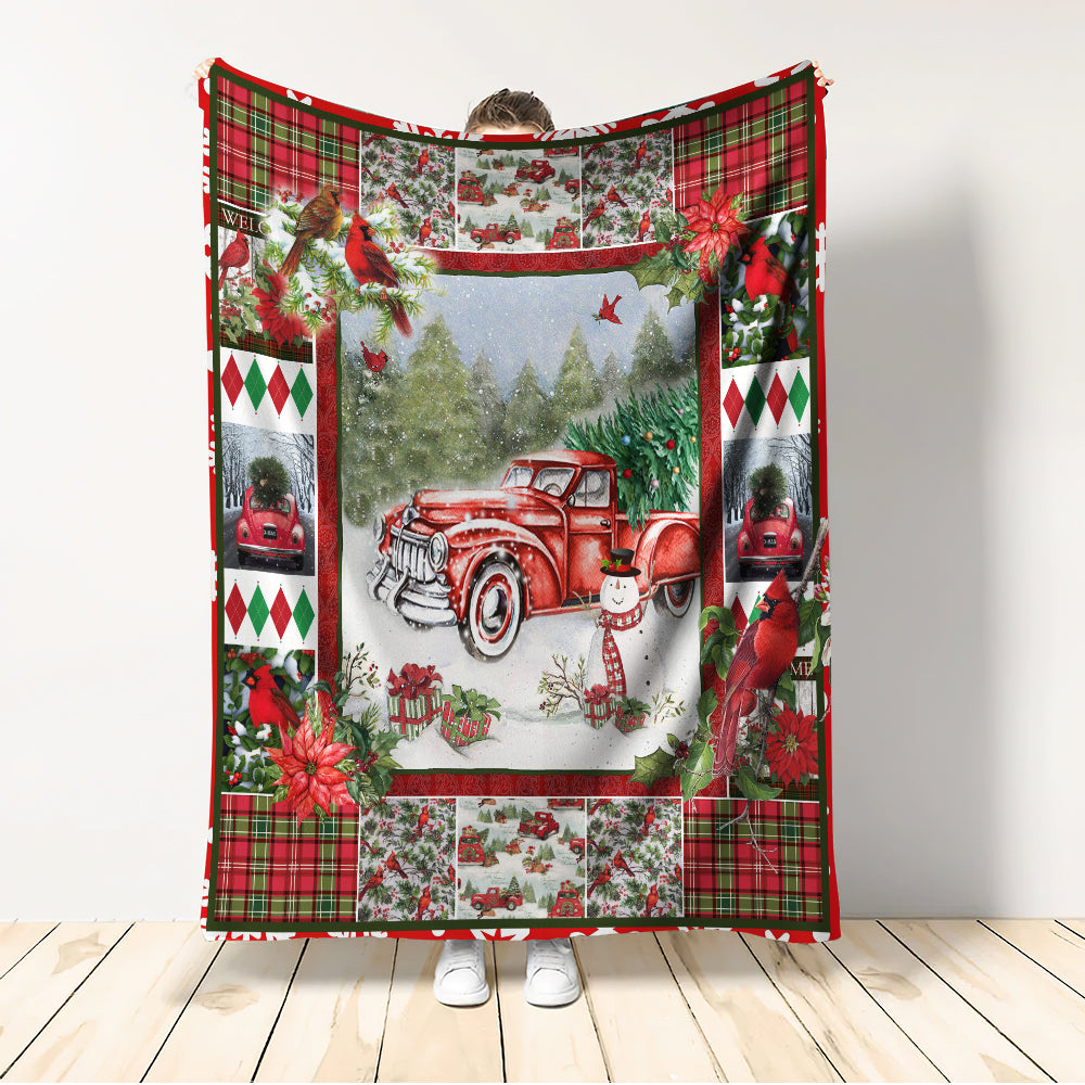 Cardinal Red Truck Christmas Flannel Blanket For Cozy Bedroom Sofa Decor