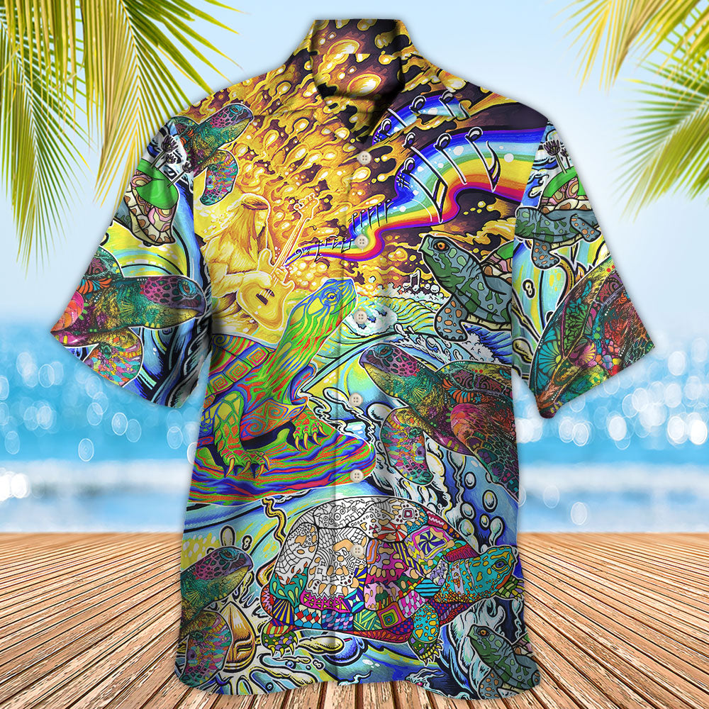 Bohemian Colorful Turtle Peace Hawaiian Shirt Pattern View For Lightweight Everyday Style